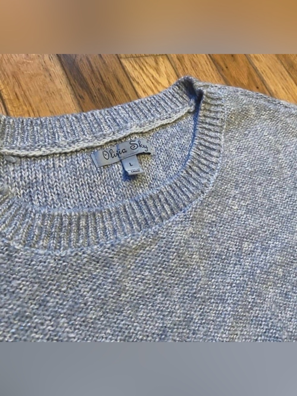 Olivia Sky Pale Blue Metallic Knit Sweater 3/4 Sleeve Crew Neck Top L - Picture 3 of 3